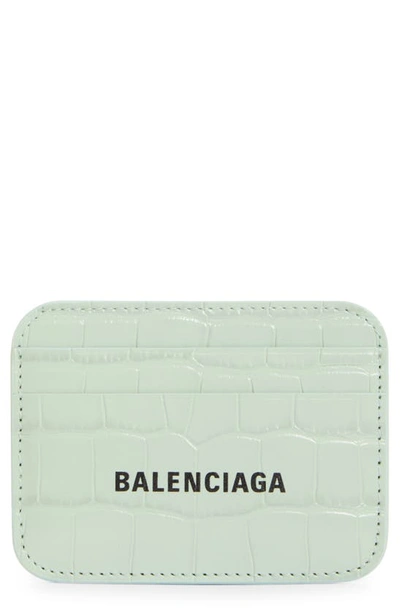 Shop Balenciaga Cash Logo Croc Embossed Leather Card Case In 3960 Light Green/ L Black
