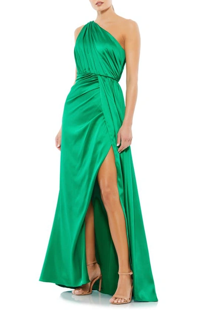 Shop Mac Duggal One-shoulder Satin Gown In Emerald