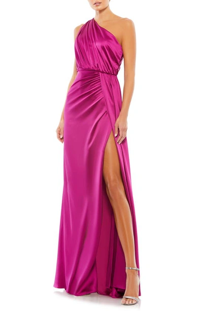 Shop Mac Duggal One-shoulder Satin Gown In Berry