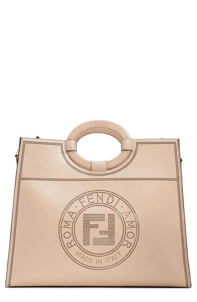 Shop Fendi Medium Runaway Perforated Leather Shopper In Cloud/ Soft Gold