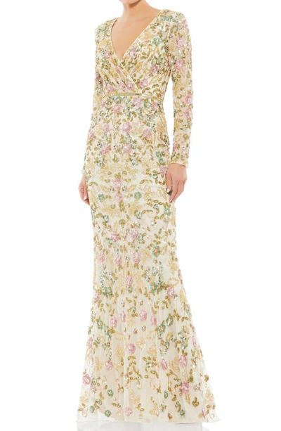 Shop Mac Duggal Floral Sequin Long Sleeve Trumpet Gown In Nude Multi