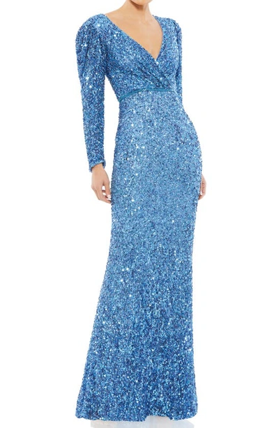 Shop Mac Duggal Long Sleeve Sequin Trumpet Gown In French Blue