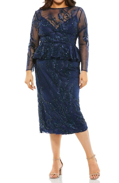 Shop Mac Duggal Embellished Long Sleeve Mesh Cocktail Dress In Midnight