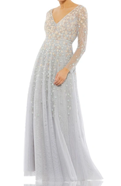 Shop Mac Duggal Long Sleeve A-line Gown In Platinum