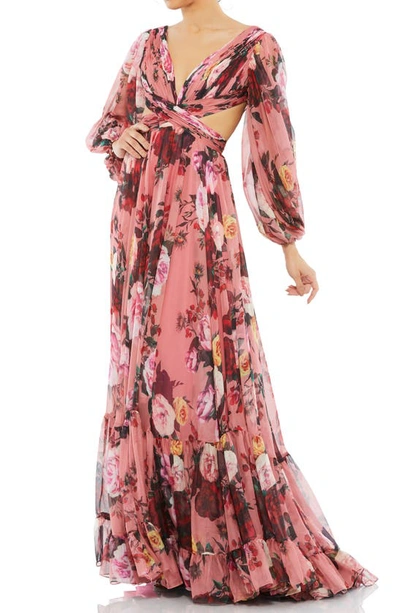 Shop Mac Duggal Floral Long Sleeve Lace-up Chiffon Gown In Rose Multi