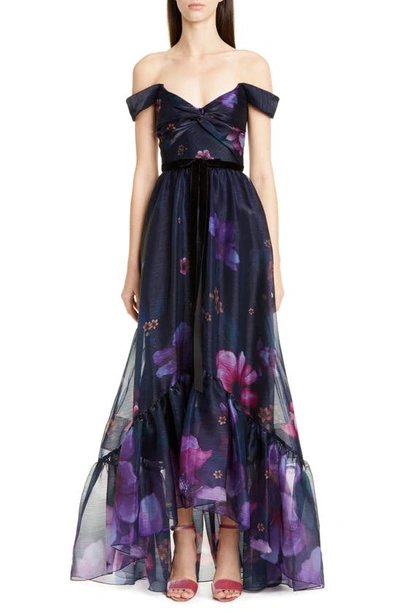 Shop Marchesa Notte Off The Shoulder Floral Organza Gown In Navy
