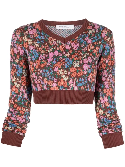 Shop Philosophy Di Lorenzo Serafini Floral-motif Cropped Sweater In Brown