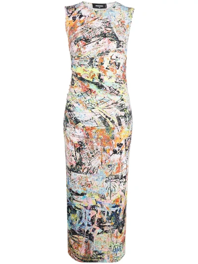 Dsquared2 Abstract-print Gathered-detail Midi Dress In White