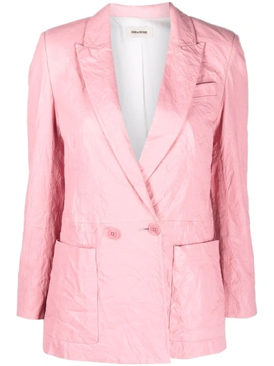 Shop Zadig & Voltaire Double-breasted Leather Blazer In Pink