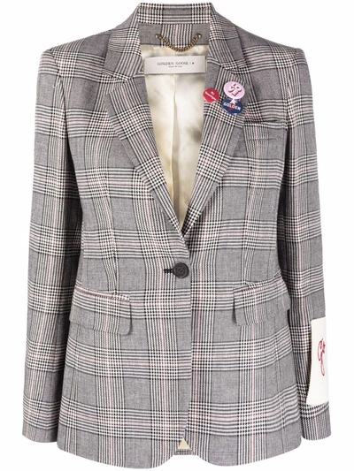 Shop Golden Goose Logo-patch Prince Of Wales Check Blazer In Grey