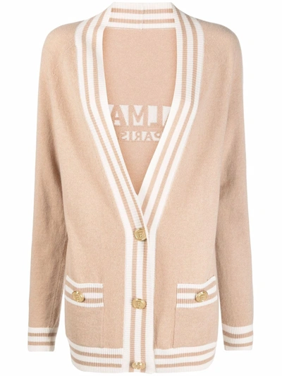 Shop Balmain Logo-intarsia Cardigan In Neutrals