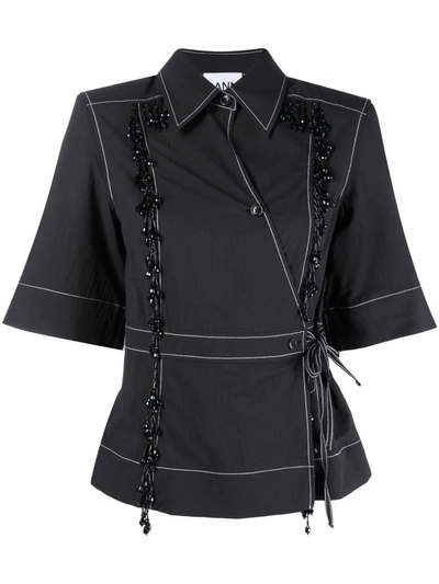 Ganni Bead-embellished Organic Cotton-blend Wrap Shirt In Black | ModeSens