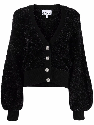 Shop Ganni V-neck Textured Cardigan In Schwarz