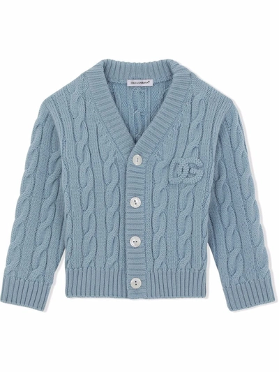 Shop Dolce & Gabbana Cable Knit Logo Cardigan In Blue
