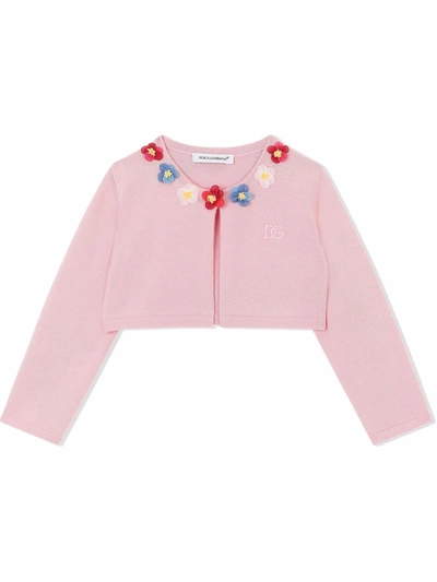 Shop Dolce & Gabbana Floral-applique Knit Cardigan In Pink