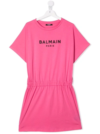 Shop Balmain Teen Logo Print T-shirt Dress In Pink