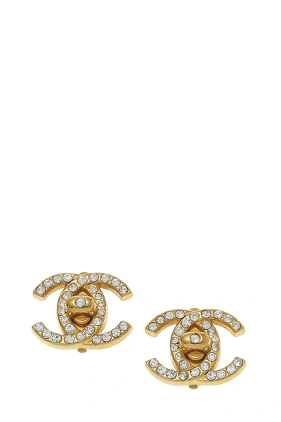 Pre-owned Chanel Gold & Crystal 'cc' Turnlock Earrings Medium