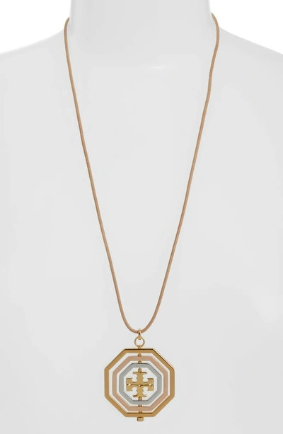 Shop Tory Burch Logo Spinner Pendant Necklace In Gold/ Silver/ Rose Gold