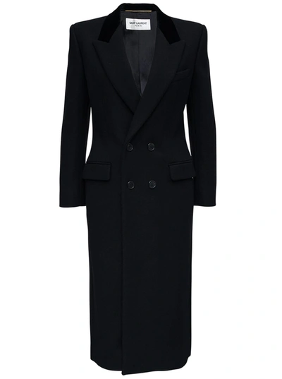Shop Saint Laurent Double-breasted Black Gabardine Long Coat In Noir