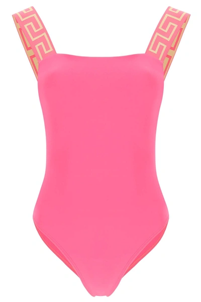 Shop Versace Greca One Piece Swimsuit In Fuchsia (fuchsia)