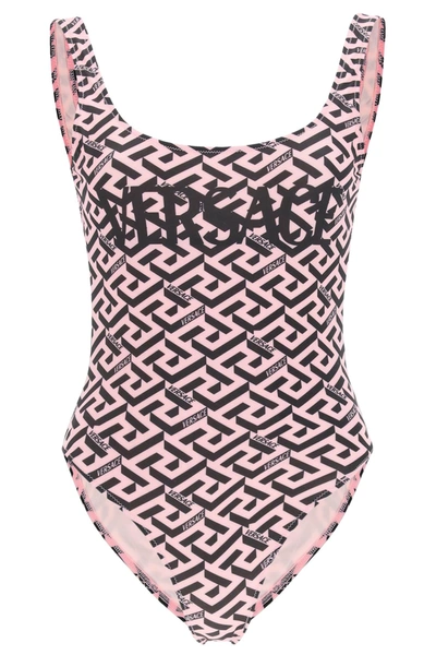 Shop Versace Greca Signature Print One-piece Swimsuit In Candy Black (pink)