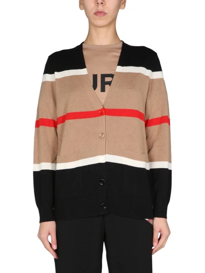 Shop Burberry Cashmere And Silk Cardigan With Striped Pattern In Beige