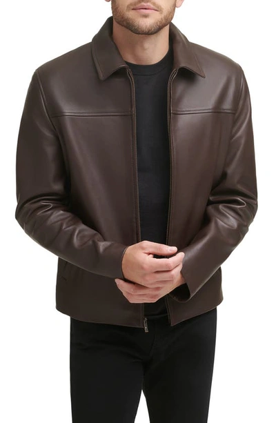 Shop Cole Haan Smooth Lamb Leather Collared Jacket In Java