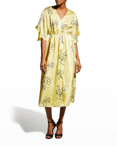 Shop Jason Wu V-neck Ruffle-sleeve Midi Dress In Lemon Sorbetblack