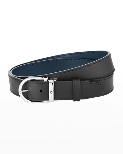 Shop Montblanc Men's Horseshoe Reversible Leather Belt In Blue Black