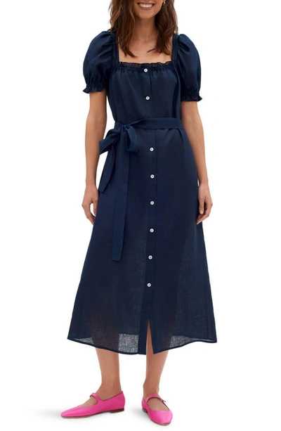 Shop Sleeper Brigitte Linen Midi Dress In Navy