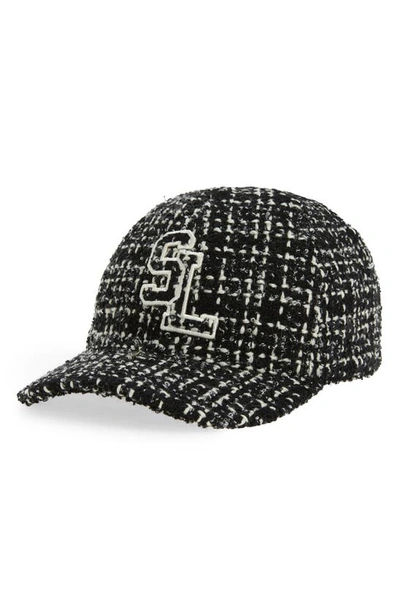 Shop Saint Laurent Monogram Tweed Baseball Cap In Black/ Ivory