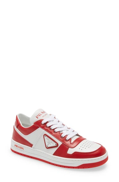 Prada White And Red Downtown Leather Sneakers In Bianco+laccato | ModeSens