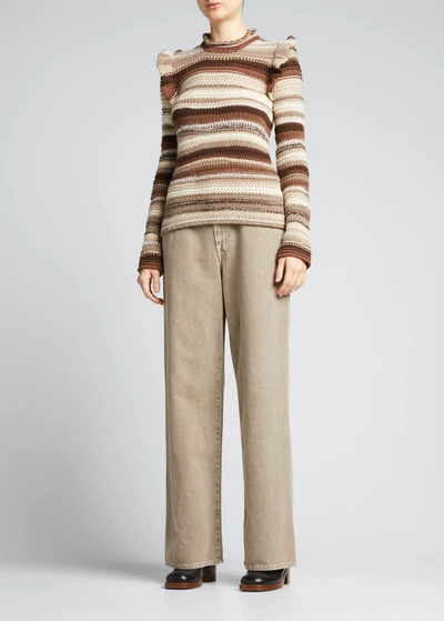 Shop Chloé Ruffle Striped Cashmere Sweater In Multicolor Grey 1