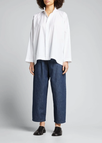 Shop Eskandar Wide Longer-back Double Stand Collar Shirt (mid Plus Length) In White