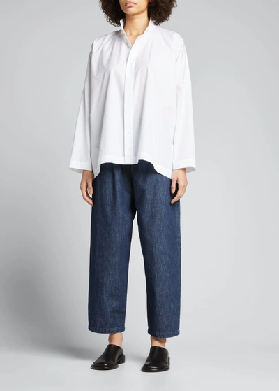Eskandar Wide Longer-back Double Stand Collar Shirt (mid Plus Length) In White