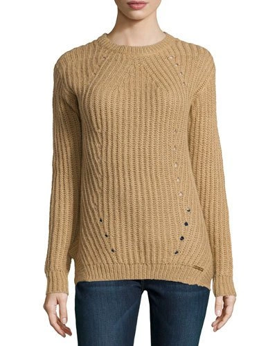 Michael Michael Kors Chunky Crewneck Pointelle Sweater, Dark Camel