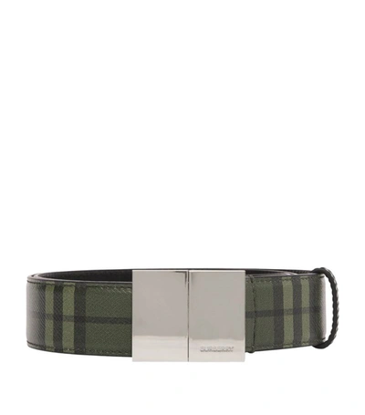 Shop Burberry Leather Check Belt In Green