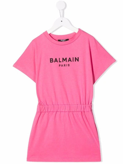 Shop Balmain Logo-print Cotton Dress In Pink