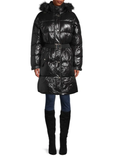 Shop Michael Michael Kors Women's Faux Fur Belted & Hooded Puffer Jacket In Black