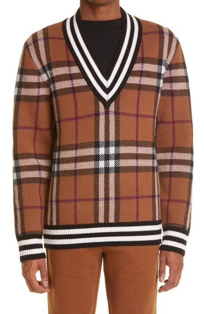 Shop Burberry Maloney Check Jacquard Cashmere Sweater In Birch Brown