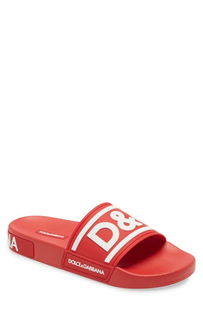 Shop Dolce & Gabbana Logo Slide Sandal In Rosso/ Bianco