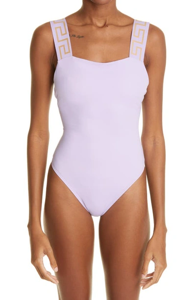 Shop Versace Greca Strap One-piece Swimsuit In 1l310 Lillac