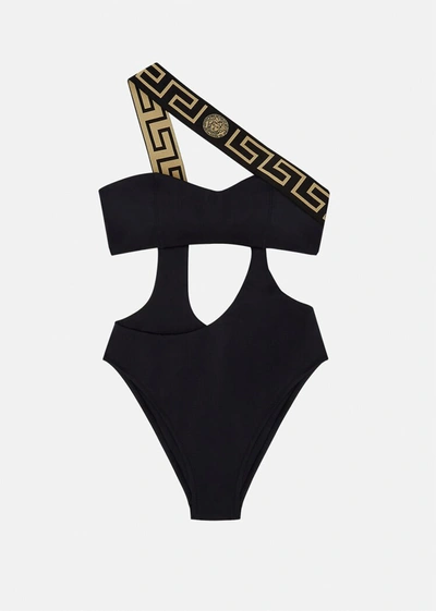 Shop Versace Greca Border One-piece Swimsuit In Black