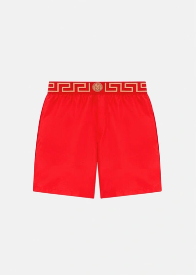Shop Versace Greca Border Boardshorts In Red