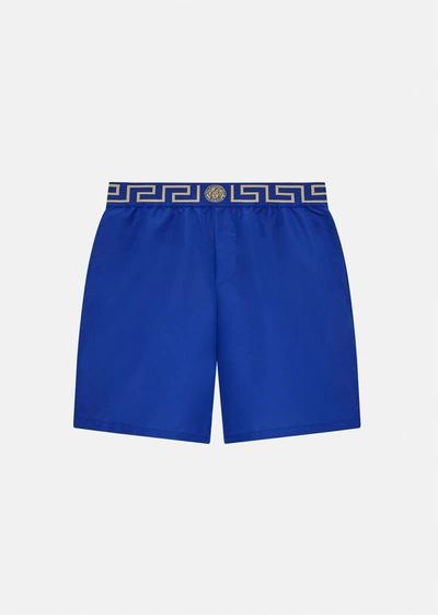 Shop Versace Greca Border Boardshorts In Blue