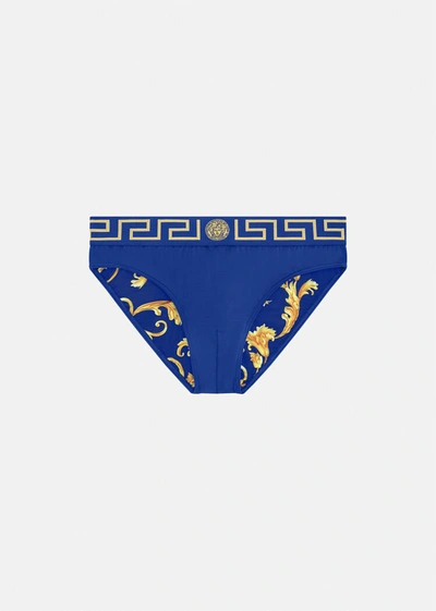 Shop Versace Greca Border Swim Briefs In Blue