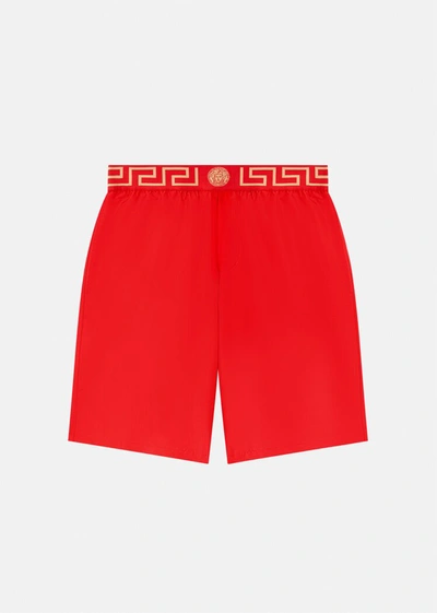 Shop Versace Greca Border Long Swim Shorts In Red