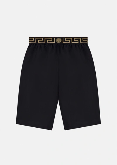 Shop Versace Greca Border Long Boardshorts In Black