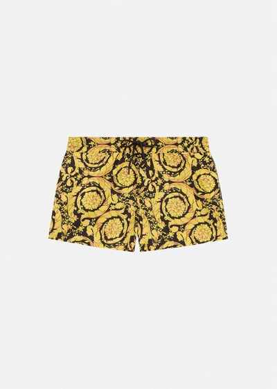 Versace Yellow And Black Swim Trunks With All-over Baroque Print In Nylon Man In Print
