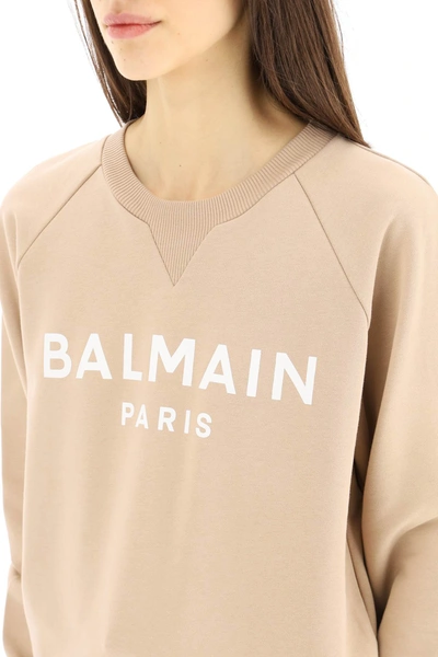 Shop Balmain Logo Print Sweatshirt In Beige